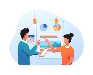 Flat Illustration vector graphic of Man and Woman working together communicate to work on the project business