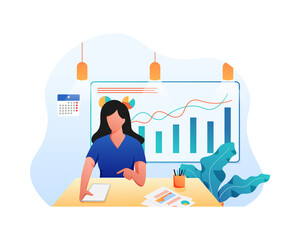 Flat Illustration vector graphic of Woman working on laptop on the project business