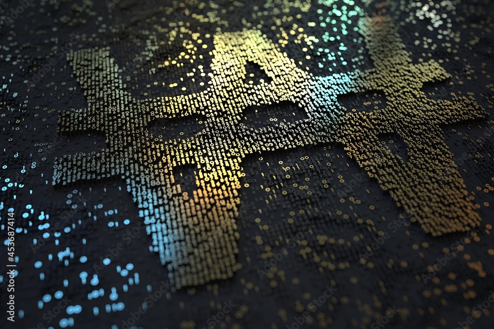 Poster korean won sign consisting of numbers. digital currency or crypto fintech related conceptual 3d rend