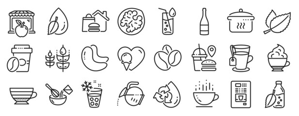 Set of Food and drink icons, such as Gluten free, Fast food, Recycle water icons. Cashew nut, Ice maker, Cooking whisk signs. Coffee pot, Water glass, Ice cream. Mint leaves, Walnut, Tea. Vector