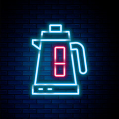 Glowing neon line Electric kettle icon isolated on brick wall background. Teapot icon. Colorful outline concept. Vector