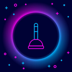 Glowing neon line Rubber plunger with wooden handle for pipe cleaning icon isolated on black background. Toilet plunger. Colorful outline concept. Vector