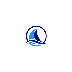 Silhouette of traditional sailboat logo design, sea wave vector 