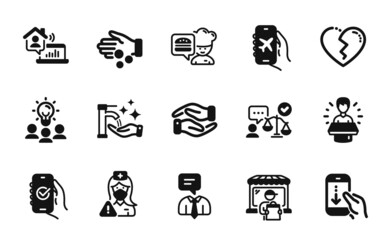 Vector set of Work home, Support service and Chef icons simple set. Approved app, Broken heart and Lawyer icons. Delivery market, Business idea and Helping hand signs. Vector