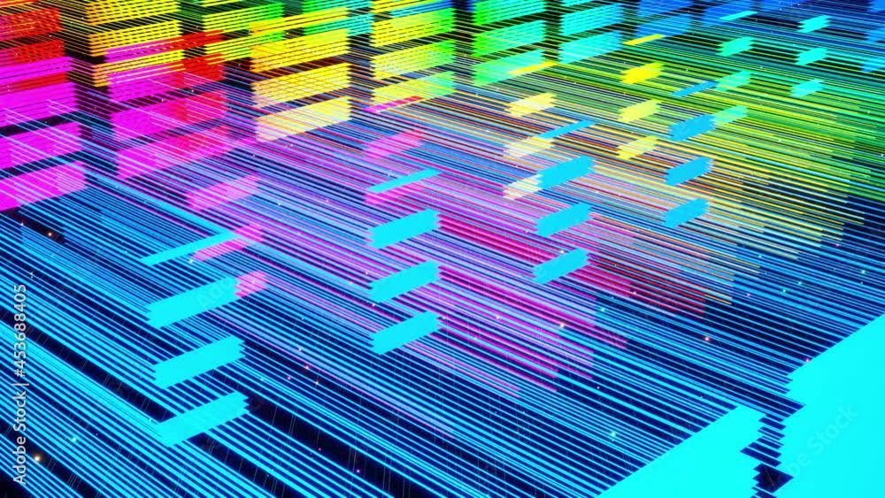 Aufkleber vj abstract sci fi futuristic bg. fly over 3d multilayer hologram complex pattern. neon light rainbo