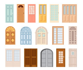 Entrance Front Doors Isolated Vector Icons. Cartoon Interior and Exterior Design Elements for Room or Office Decoration