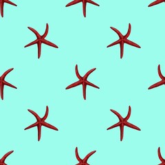 Watercolor illustration of starfish seamless pattern on background