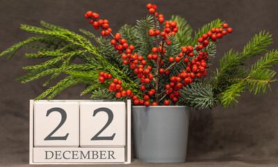 Memory and important date December 22, desk calendar - winter season.