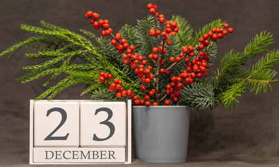 Memory and important date December 23, desk calendar - winter season.