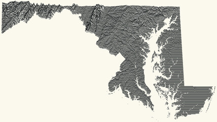Light topographic map of the Federal State of Maryland, USA with black contour lines on beige background