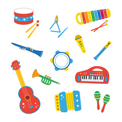 Set of kids musical instruments hand drawn in cartoon style on a white background