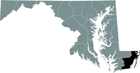 Black highlighted location map of the Worcester County inside gray map of the Federal State of Maryland, USA