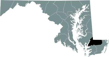 Black highlighted location map of the Wicomico County inside gray map of the Federal State of Maryland, USA