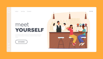 People Visiting Night Club or Beer Pub Landing Page Template. Characters Sit at High Chairs Drinking Alcohol Cocktails
