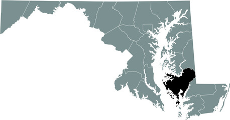 Black highlighted location map of the Dorchester County inside gray map of the Federal State of Maryland, USA