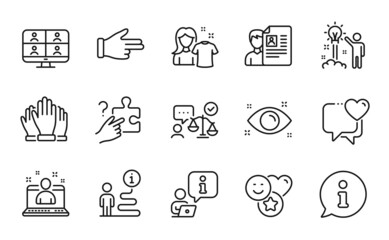 People icons set. Included icon as Best manager, Search puzzle, Heart signs. Video conference, Job interview, Creative idea symbols. Lawyer, Clean shirt, Health eye. Click hand, Smile. Vector
