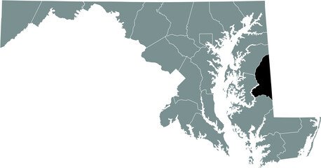 Black highlighted location map of the Caroline County inside gray map of the Federal State of Maryland, USA