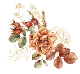 Watercolor autumn bouquet of rose, linear leaves and gold pampas grass. Hand painted meadow flowers isolated on white background. Floral wild illustration for design, print, fabric or background.