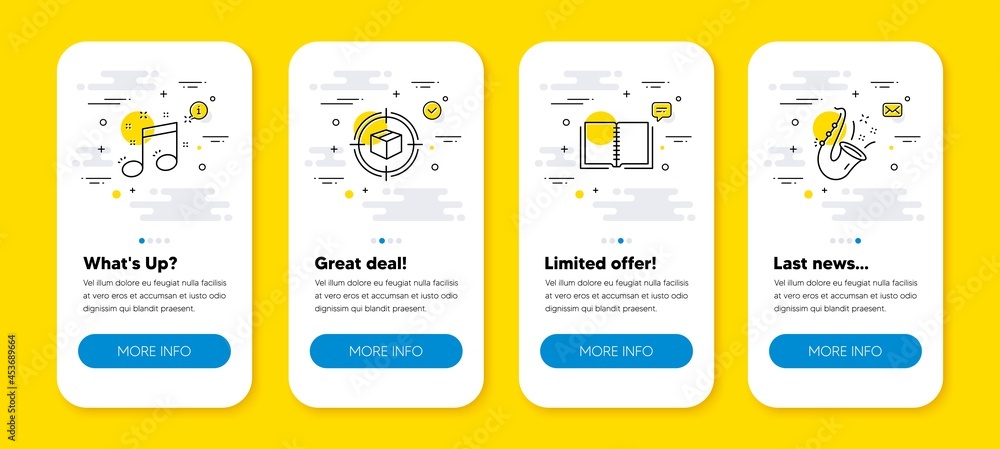 Poster vector set of parcel tracking, book and musical note line icons set. ui phone app screens with line 