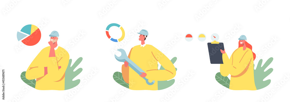 Poster builder, engineer or foreman characters with tool and clipboard. architects, professional architectu