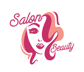 Female Face with Curly Hair Label for Beauty Salon, Creative Logo with Cute Girl Head Isolated on White Background