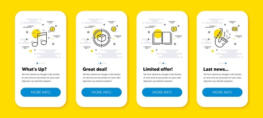 Vector set of Parcel tracking, Book and Musical note line icons set. UI phone app screens with line icons. Jazz icon. Box in target, E-learning course, Music. Saxophone. Phone UI banners. Vector