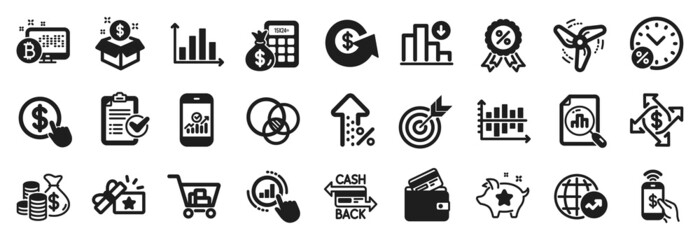 Set of Finance icons, such as Loyalty points, Survey checklist, World statistics icons. Debit card, Buy currency, Loan percent signs. Smartphone statistics, Euler diagram, Phone payment. Vector