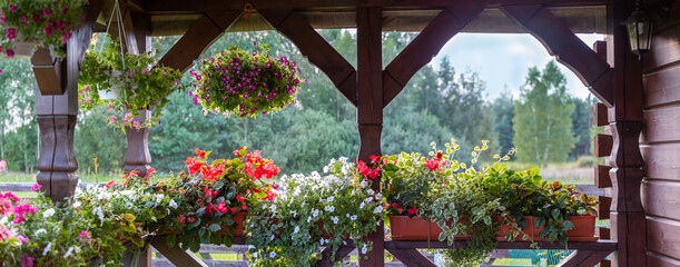 Terrace with flowers of a wooden farmhouse. In the background a forest. Banner. Rural slow life....