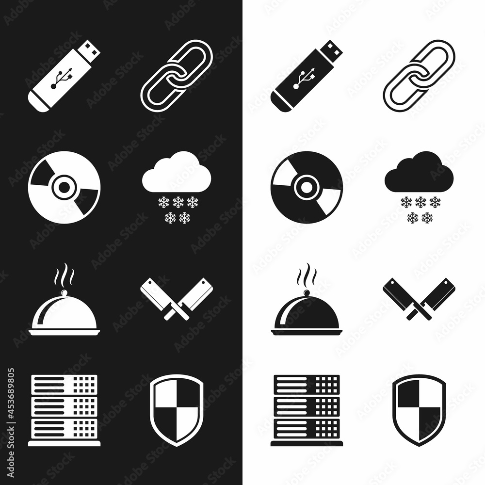 Wall mural Set Cloud with snow, CD or DVD disk, USB flash drive, Chain link, Covered tray of food and Crossed meat chopper icon. Vector