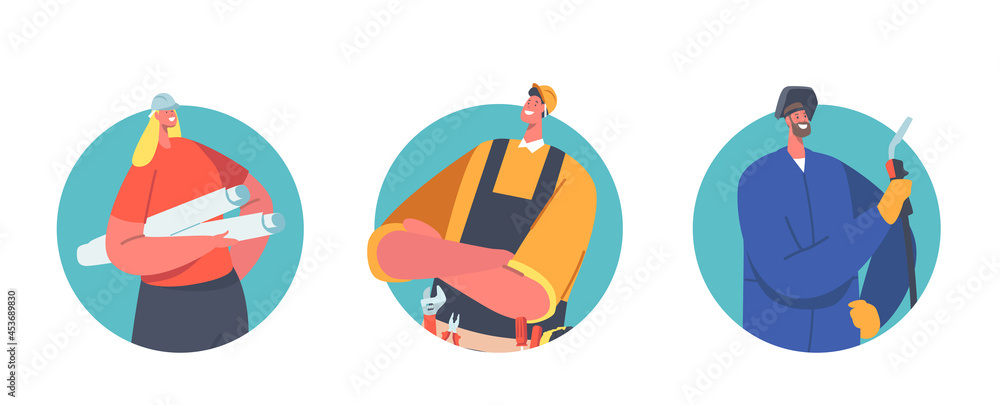 Poster handyman, welder and architect, engineer or foreman characters with tools and blueprint rolls. profe