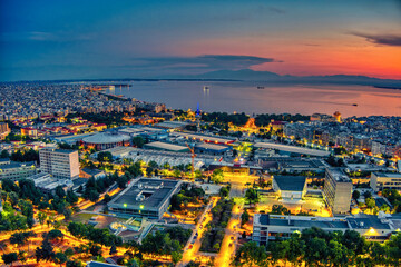 Aerial view of the city of Thessaloniki at sunset