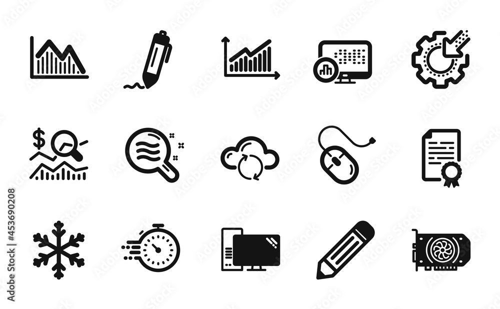 Poster vector set of signature, graph and computer icons simple set. cloud sync, report statistics and cert