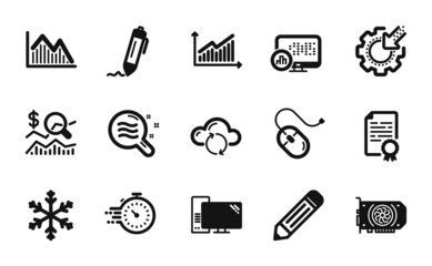 Vector set of Signature, Graph and Computer icons simple set. Cloud sync, Report statistics and Certificate diploma icons. Computer mouse, Timer and Seo gear signs. Signature simple web symbol. Vector
