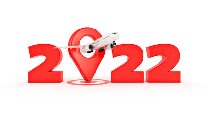 Airline travel concept. Airport pointer. 2022 New Year sign. 3d rendering	
