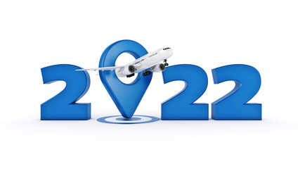 Airline travel concept. Airport pointer. 2022 New Year sign. 3d rendering	
