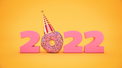 Donut with party hat concept 2022 New Year sign. 3d rendering	
