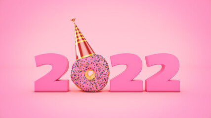 Donut with party hat concept 2022 New Year sign. 3d rendering	
