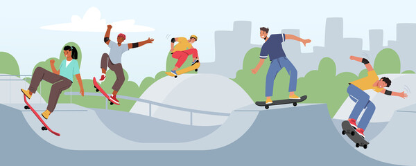 Young People Skating Longboard in City Park. Teenagers Skaters Boys and Girls Freedom Lifestyle. Urban Culture, Sport © Anna Syvak