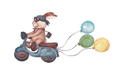 cartoon rabbit driving a motorcycle dragging balloons