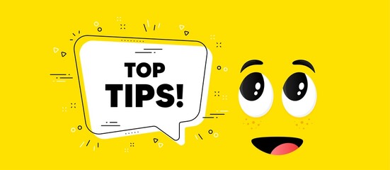 Top tips symbol. Cartoon face chat bubble background. Education faq sign. Best help assistance. Top tips chat message. Character smile face background. Vector