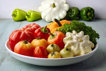 Ripe vegetables from the garden are laid out on a white plate