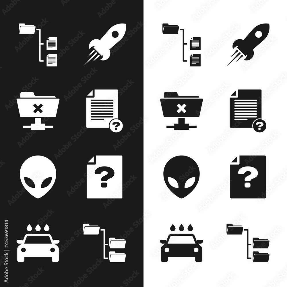 Poster set unknown document, ftp cancel operation, folder tree, rocket ship with fire, alien and icon. vect
