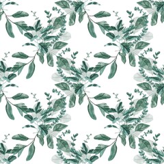 Watercolor seamless pattern with greenery, green leaves and branches on a white background. 