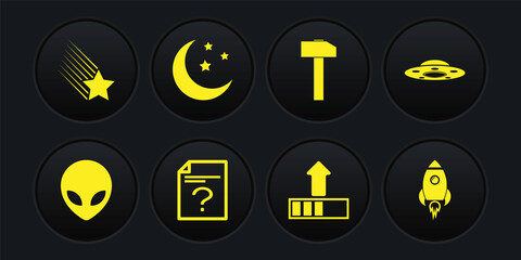 Set Alien, UFO flying spaceship, Unknown document, Loading, Hammer and Moon and stars icon. Vector