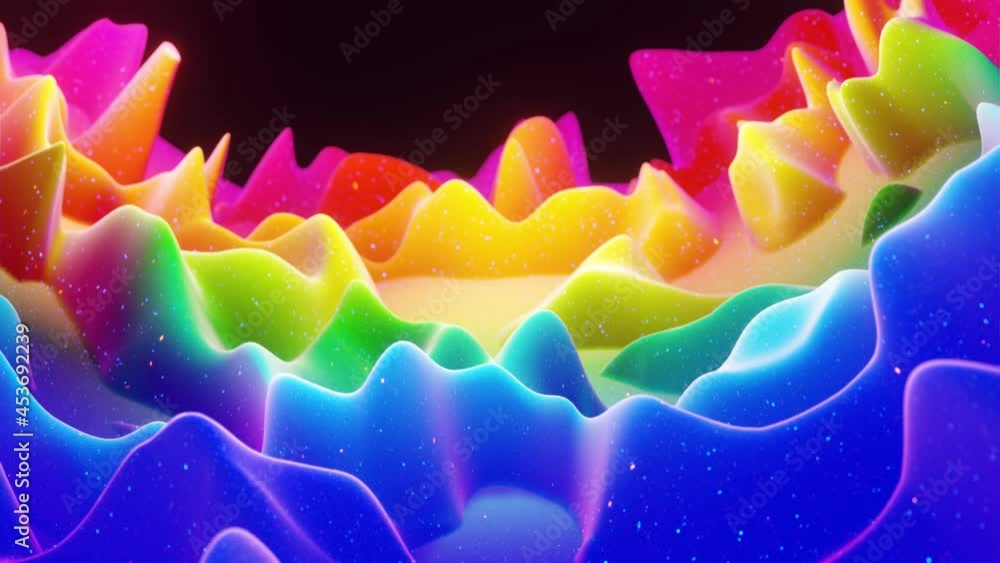 Poster beautiful abstract 3d surface with extrude or displace waves transform in loop. rainbow gradient. so