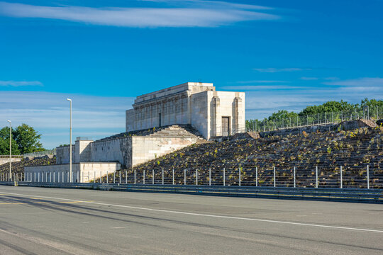 NUREMBERG, GERMANY, 28 JULY 2020 Remains of the Zeppelinfeld grandstand in Nuremberg, Germany. It is the grandstand from which Adolf Hitler made speeches during Nazi Party Rallies from 1933-38.
