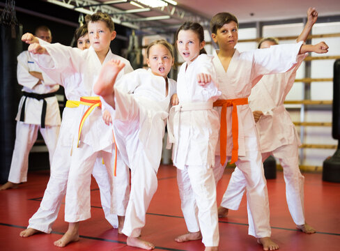 Group of emotional kids with man trainer posing in gym after taekwondo workout