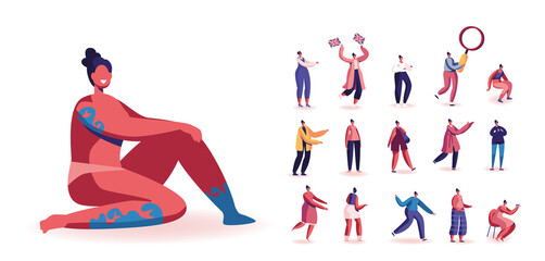 Set of Female Characters with Tattoo or Body Art, Girl with Flags, Tiny Woman with Huge Magnifying Glass, Drinking Tea