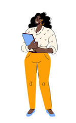 African american happy business woman stands with a tablet in her hands. Plus size model. Vector illustration isolated on white background