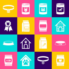 Set Bag of food for cat, Pet bowl, Dog house, Canned, and award symbol icon. Vector